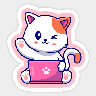 Cute Cat Working On Laptop With Coffee Cup Cartoon Sticker